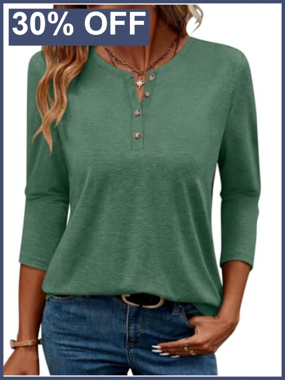 Womens 3/4 Sleeve Henley Tops Casual Button Down Loose T Shirts